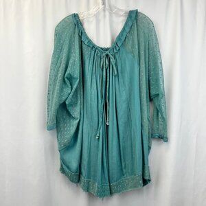Easel Womens Sea Mist 3/4 Sleeve Drawstring Neck Top Dotted Swiss Size Small